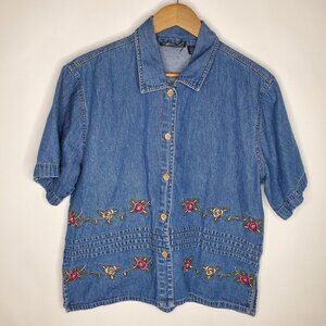 MPH Blues Womens Blue Denim Floral Embroidered Button Up Top Size L Cottage Core